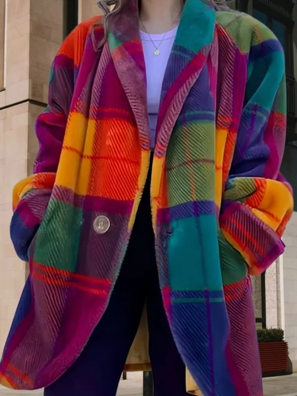 Lady's Checkered Color-blocking Coat, Elegant Checked Color-blocking Jacket